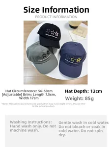 Size chart showing dimensions and care instructions for embroidered cotton baseball cap