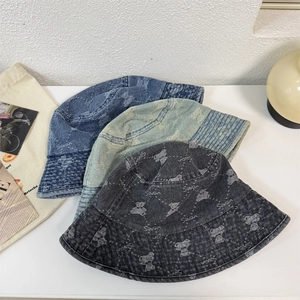 Vintage washed denim bucket hats with bear print and Seven text in three colors