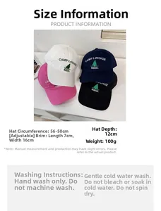 Detailed size guide for adjustable cotton baseball cap with embroidered tree logo
