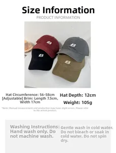 Detailed size chart for the letter B baseball cap showing adjustable strap and dimensions