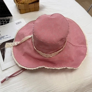 Plaid sun hat with lace trim and wide brim for UV protection in red and white gingham