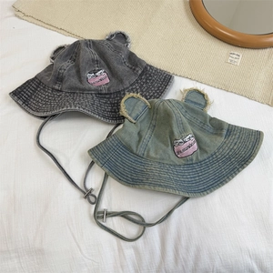 Denim bucket hat with cute bear ears and cat embroidery, vintage sun hat with drawstrings