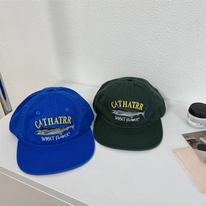 Classic royal blue and dark green cotton baseball caps with embroidered letters and sunset flower