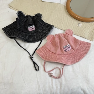 Cute denim bucket hats with animal ears and cat embroidery in dark grey and pink colors