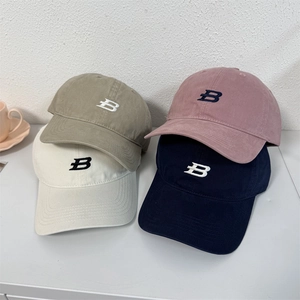 Classic baseball caps with embroidered letter B in khaki, purple, cream, and navy blue