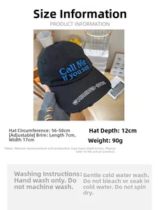 Detailed size guide and washing instructions for embroidered distressed baseball cap