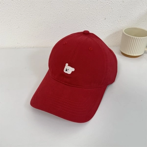 Red cotton baseball cap with cute white bear embroidery and a curved brim for women