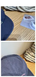 Detail of navy blue twill cotton baseball cap with embroidered garden and life text