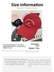 Size guide for vintage baseball cap with adjustable 56-58cm strap and washing tips