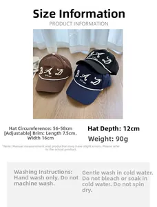 Size guide for cotton embroidered baseball cap with adjustable strap and care instructions
