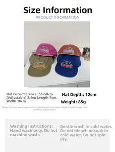 Detailed size chart for washed cotton baseball caps with adjustable buckle measurements