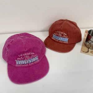 Vintage washed cotton baseball caps in rose purple and brick red with HUDSON embroidery