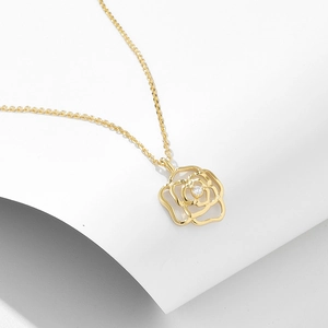 Collier en Argent Sterling 925 Forme de Rose Ajourée Vintage Pendentif Camélia Strass Bijoux pour Femmes