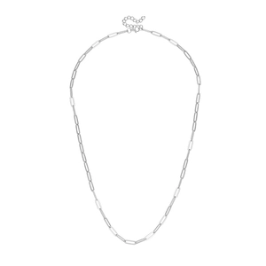 Detail view of a silver paperclip chain necklace with a secure lobster clasp and extender