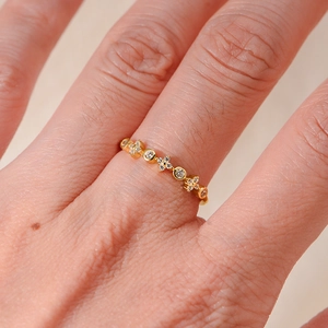 S925 silver gold-plated zircon flower ring with minimalist cross design for women