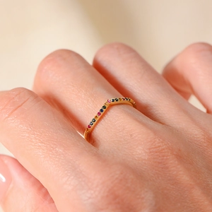 Elegant V-shaped gold ring for women featuring multi-color cubic zirconia stones