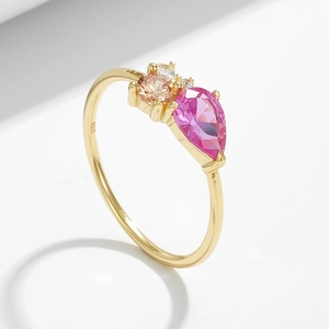 925 Sterling Silver Water Drop Pink Zirconia Ring Luxury Gold Plated Pear Cut Colorful Gemstone Cluster Ring For Women Jewelry