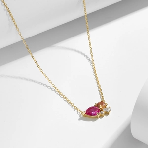 S925 silver gold necklace featuring pink teardrop and orange zircons in a minimalist setting