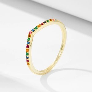 925 Sterling Silver V-Shape Rainbow Rhinestone Ring For Women Colorful Micro Pave Simple Minimalist Stackable Finger Ring Fashion Jewelry