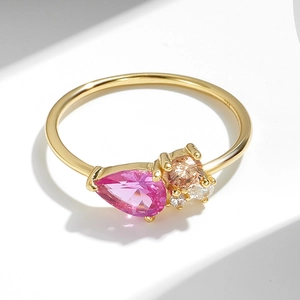 S925 silver gold-plated ring with pear-shaped pink zircon and multicolor accent stones