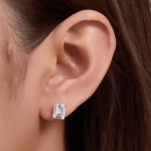 Minimalist S925 silver square zircon stud earrings with gold four-claw setting on model