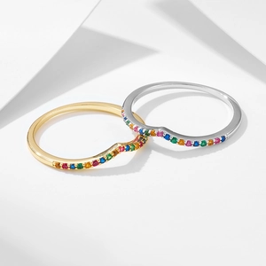 Minimalist V-shaped S925 silver rings with multi-color rainbow cubic zirconia stones