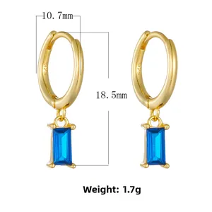 Detailed view of 925 silver hoop earrings with blue rectangular gemstone and measurements