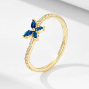 925 Sterling Silver Butterfly Ring With Blue Rhinestone Elegant Gold Silver Plated Adjustable Open Ring For Women Jewelry