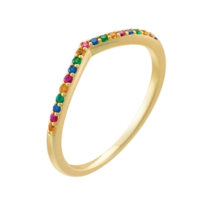 V-shaped S925 sterling silver ring with rainbow cubic zirconia stones on white background
