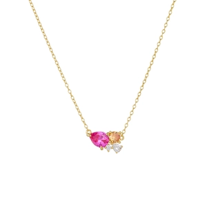 S925 sterling silver gold necklace with pink and orange gemstone cluster pendant