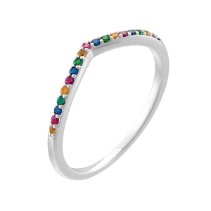 Macro side view of a V-shaped S925 silver ring featuring pave-set rainbow cubic zirconia