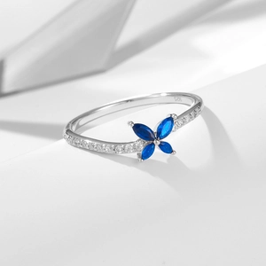 Elegant 925 sterling silver butterfly ring with blue marquise-cut crystals and diamonds