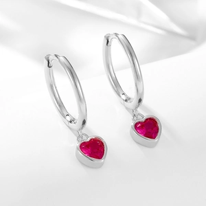 Elegant S925 sterling silver hoop earrings with vibrant red heart-shaped zircon drops