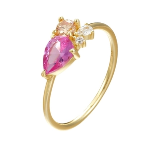 Sterling silver 18K gold ring featuring pear-cut pink zircon and champagne stones