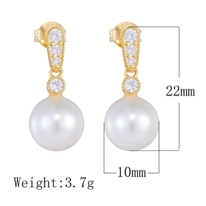 Detail view showing dimensions of S925 silver pearl earrings with zirconia accents