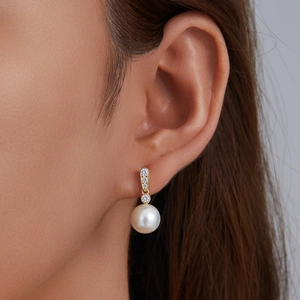 S925 silver pearl stud earrings with sparkling diamonds on gold setting for women