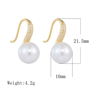 Detail view of pearl hook earrings with dimensions 21.5mm and 10mm zircon inlay