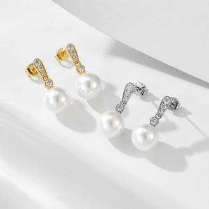 Elegant S925 silver pearl drop earrings with sparkling crystals in gold and silver