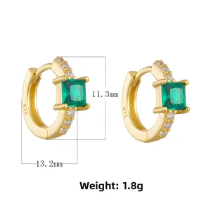 Detailed view of emerald zircon earrings in 925 silver with 11.3mm by 13.2mm size