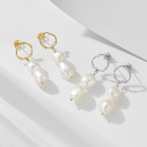Boucles d'oreilles vintage en argent S925 avec perles de culture baroques et accents dorés