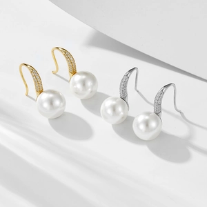 S925 silver pearl drop earrings with micro-set zircon accents in gold and silver finish