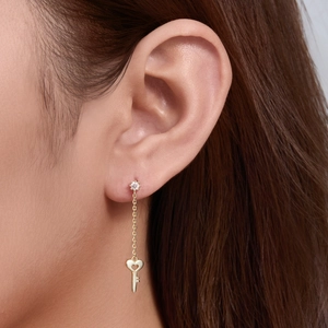 Elegant s925 silver long gold tassel earrings with zircon stud and heart key charm drop