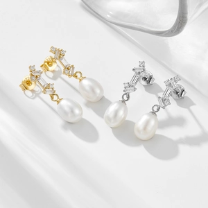 French vintage S925 silver pearl drop earrings with rectangular zircon in gold and silver