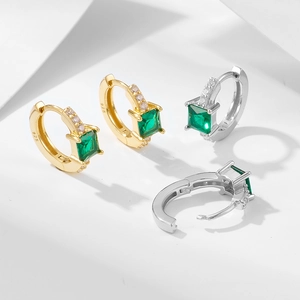 925 silver huggie earrings with emerald-cut green zircon and pave-set accents