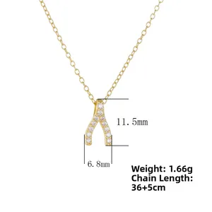 Detailed specs of wishbone pendant necklace with clear zircons and 36+5cm adjustable chain