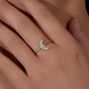 Minimalist S925 sterling silver crescent moon ring with sparkling pave zirconia stones