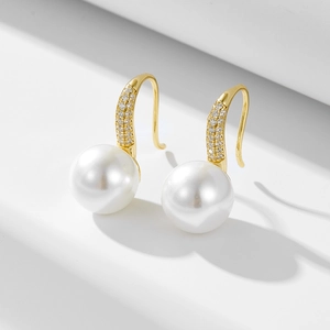 Elegant 925 Sterling Silver Shell Artificial Pearl Earring Hooks With Micro Pave Zirconia Minimalist Geometric Round Artificial Pearl Earrings For Women Jewelry