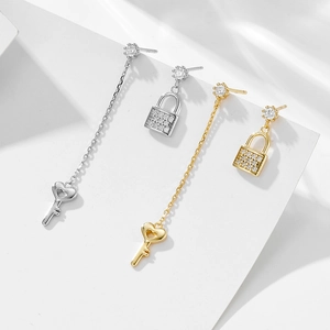 Asymmetric S925 silver key and lock long chain earrings with zircon accents