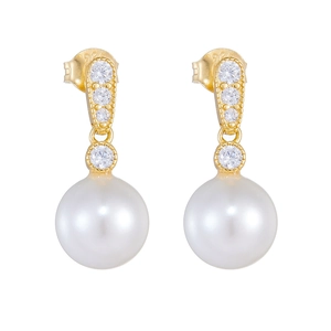 Elegant S925 silver gold-plated pearl earrings with sparkling cubic zirconia studs