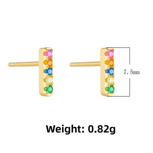 Close-up of S925 silver bar earrings with 7.5mm rainbow cubic zirconia stones